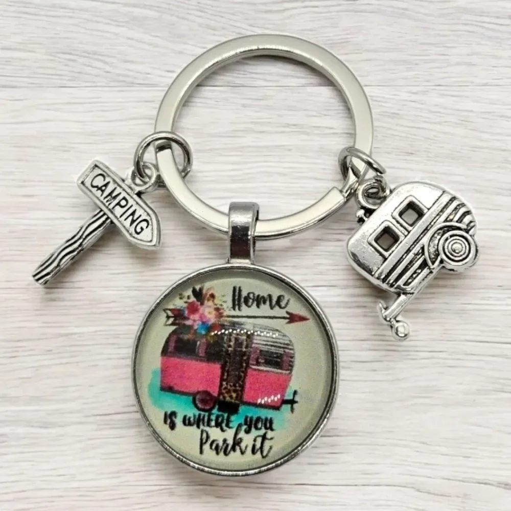 Retro Camper Keychain Home Is Where You Park It RV Glamping Bag Charm Key Ring